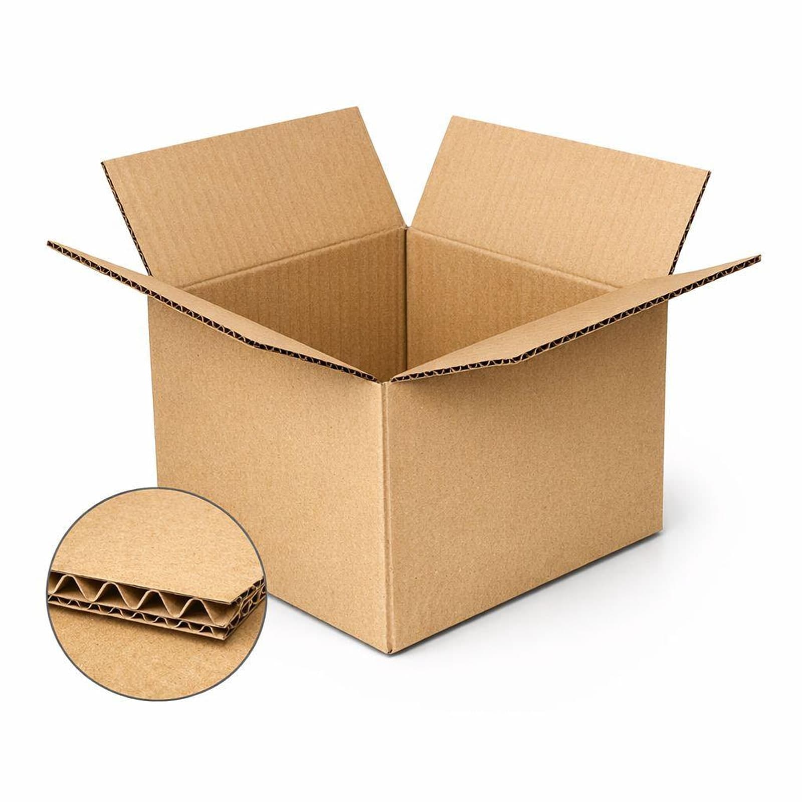 An open single wall 3 ply corrugated carton on white, with an inset detail showing the single fluted layer between two liners.