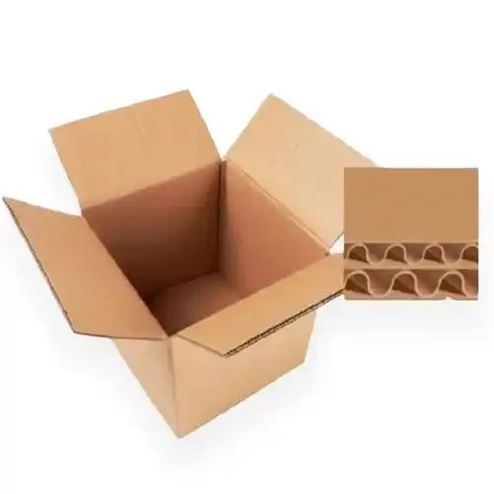 An open double wall 5 ply corrugated carton on white, with an inset detail showing the two fluted layers that give the board its stacking strength.