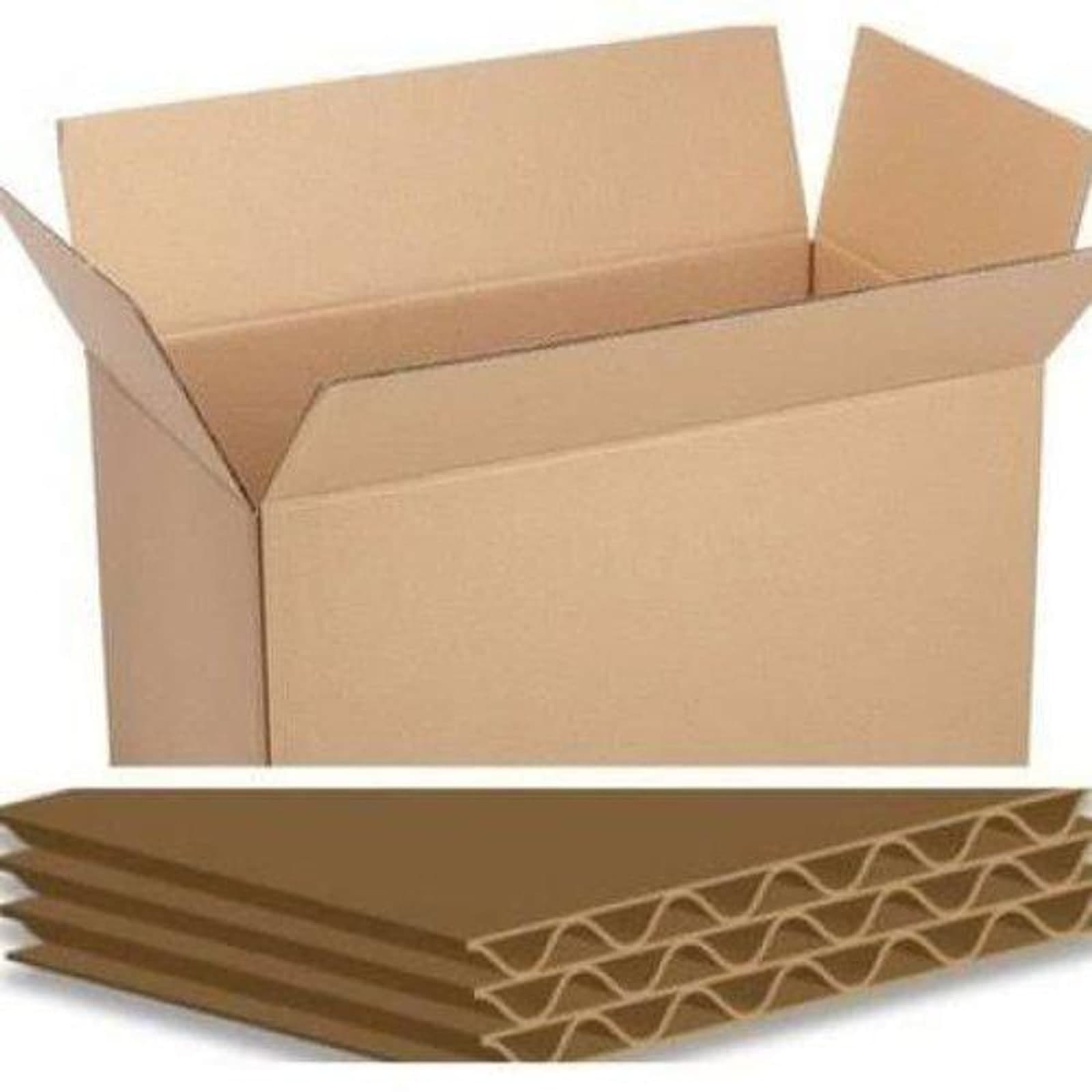 An open triple wall 7 ply corrugated carton on white, above a cross-section showing the three fluted layers stacked through the board.
