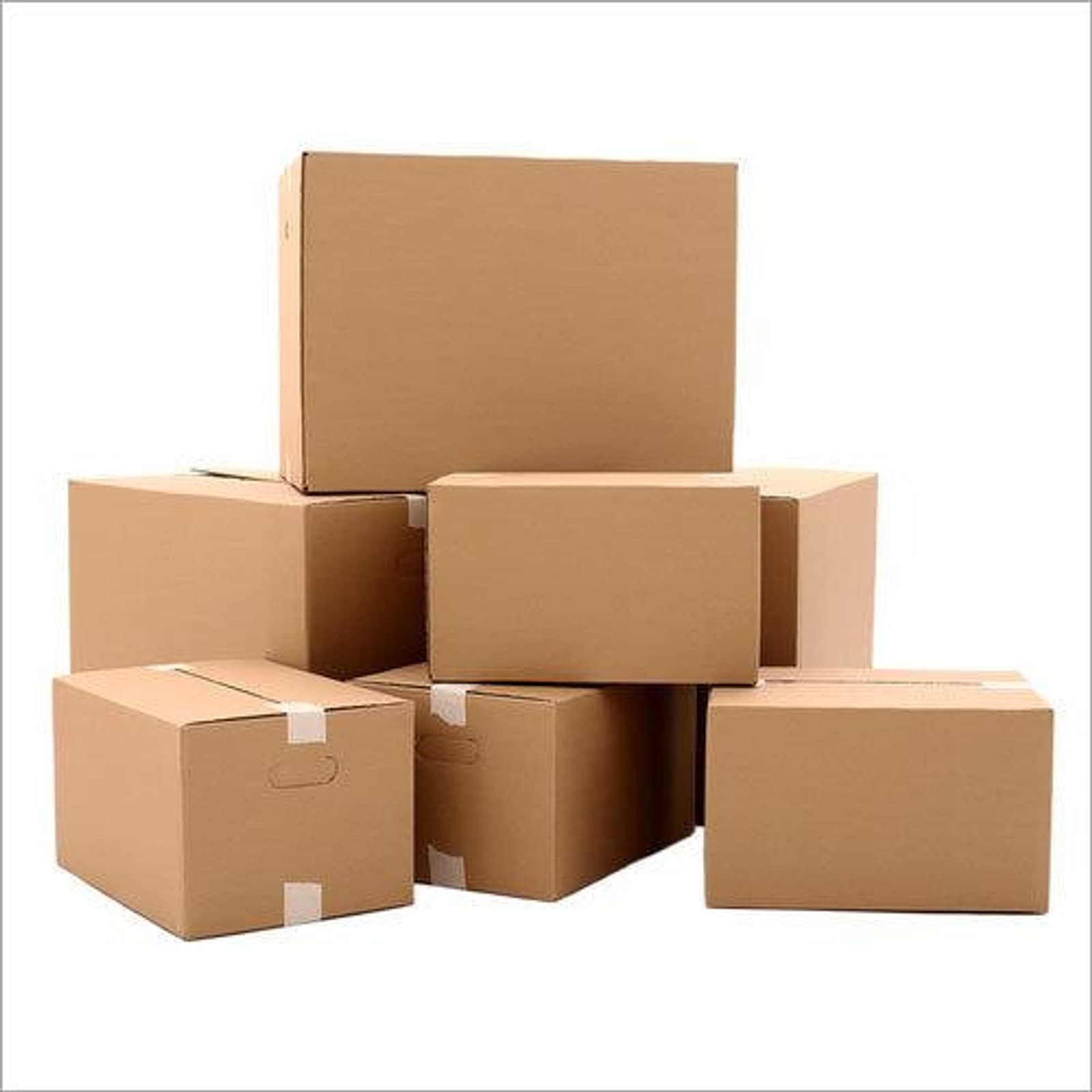 A stack of large heavy-duty corrugated cartons on white, taped and ready for dispatch.