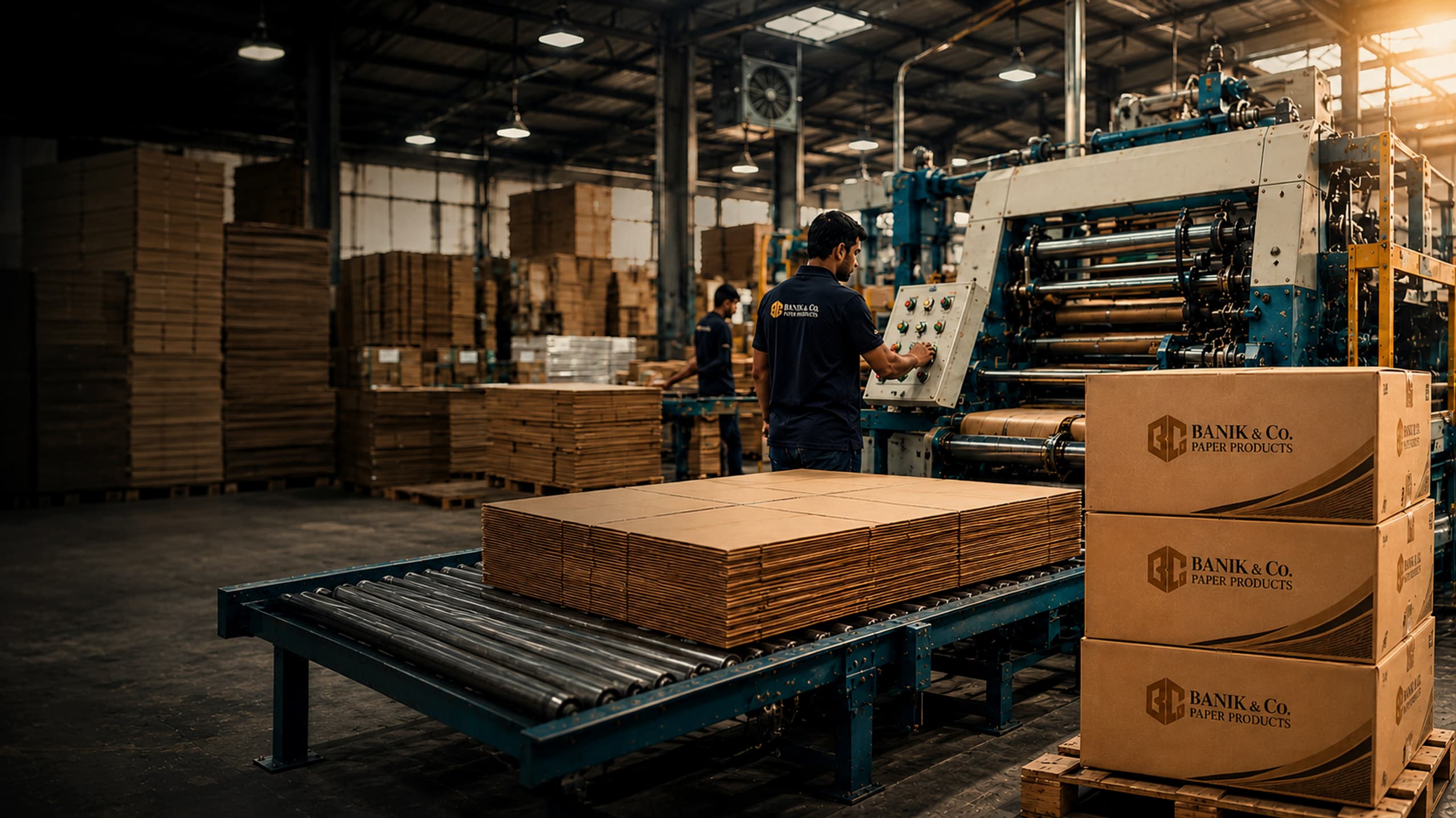 A worker operating a corrugating machine on the Banik & Co. factory floor, with stacked corrugated board on a roller conveyor and branded cartons palletised alongside.