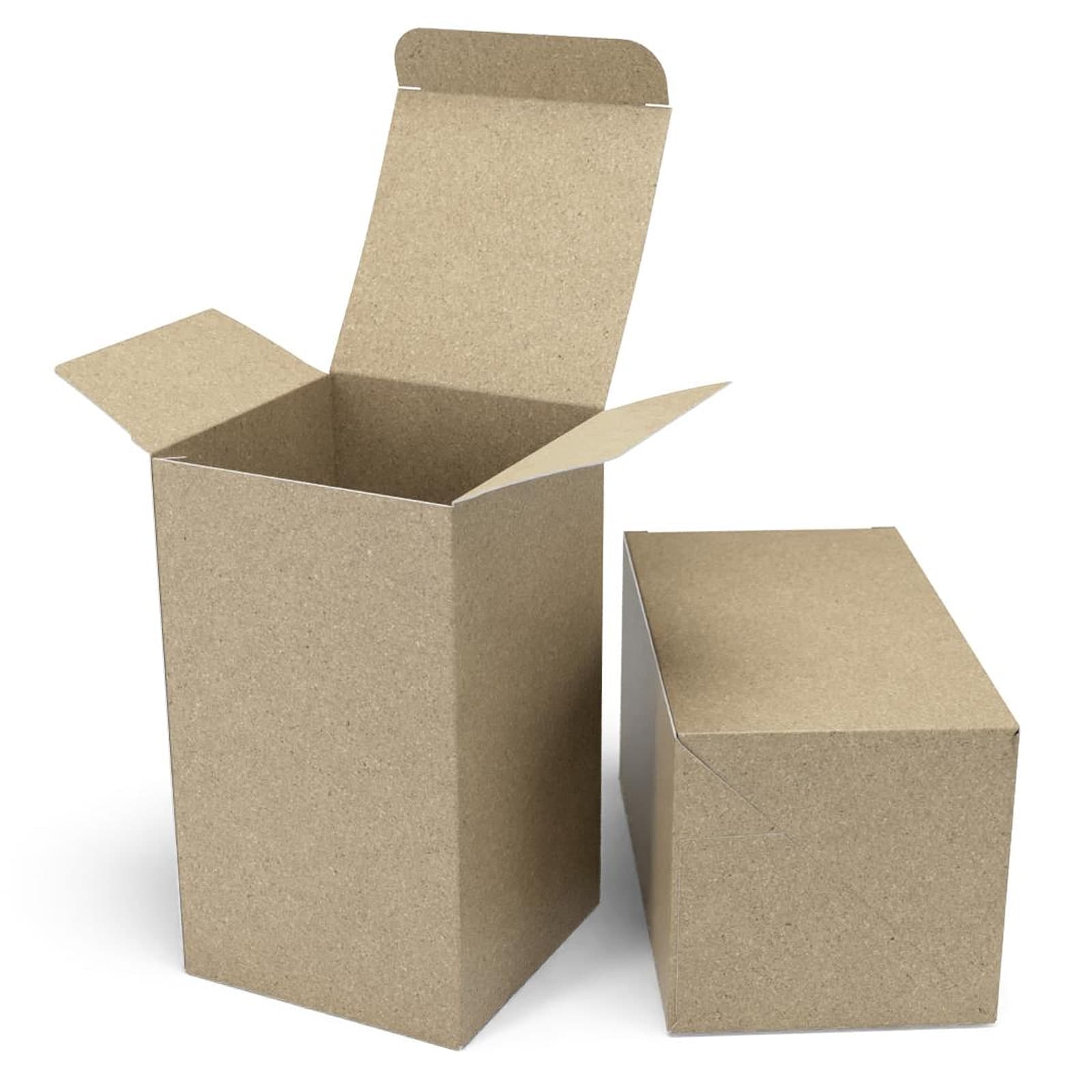 Two kraft mono cartons on white, one open with its tuck flap raised and one closed.